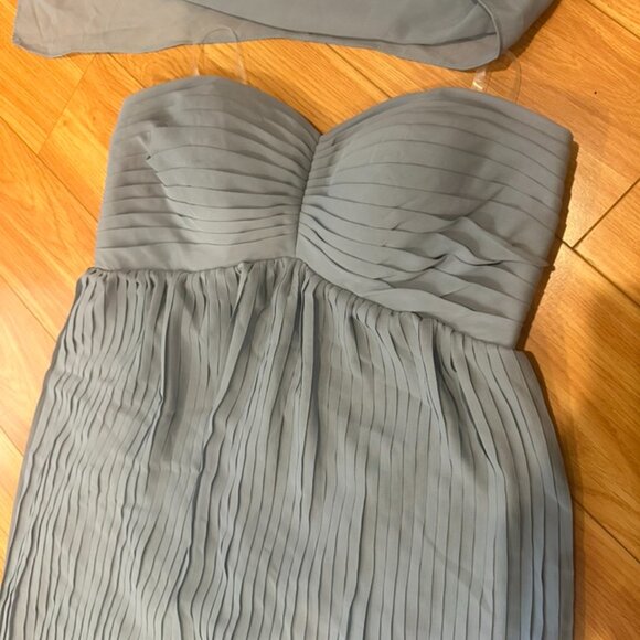 Dusty Blue Pleated Chiffon Strapless Dress with Scarf - Picture 2 of 5